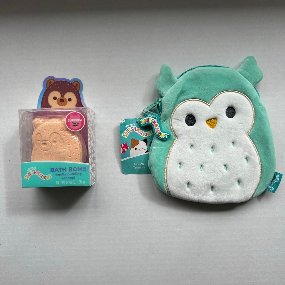 Squishmallow Winston the Owl Pouch & Vanilla Pudding Bath Bomb w/ surprise Charm